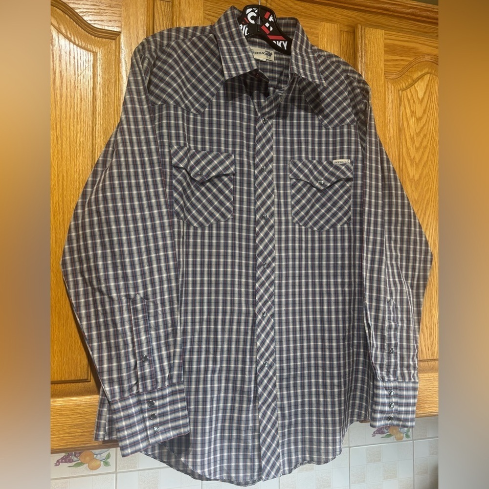 Vintage 90's Roebucks Grey Snap Western Plaid Shirt Large EUC - Picture 2 of 8